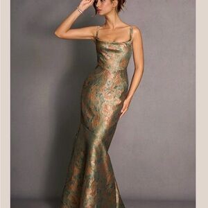 Azazie Metallic Gold and Green Maxi Dress